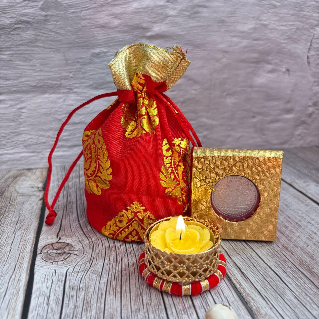 Diwali Gift Hamper Indian Festival Brocade Potli Bag with Laxmi Ganesh Silver Plated Coin Candle Holder Navratri Deepawali Hampers for Employees Friends Family Relatives - Return Gift Items